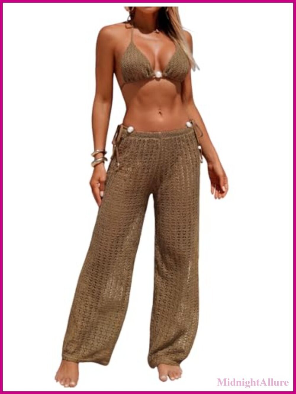 Halter Bikini Set with Cover Up Pants, Textured Triangle String Swimwear, 3